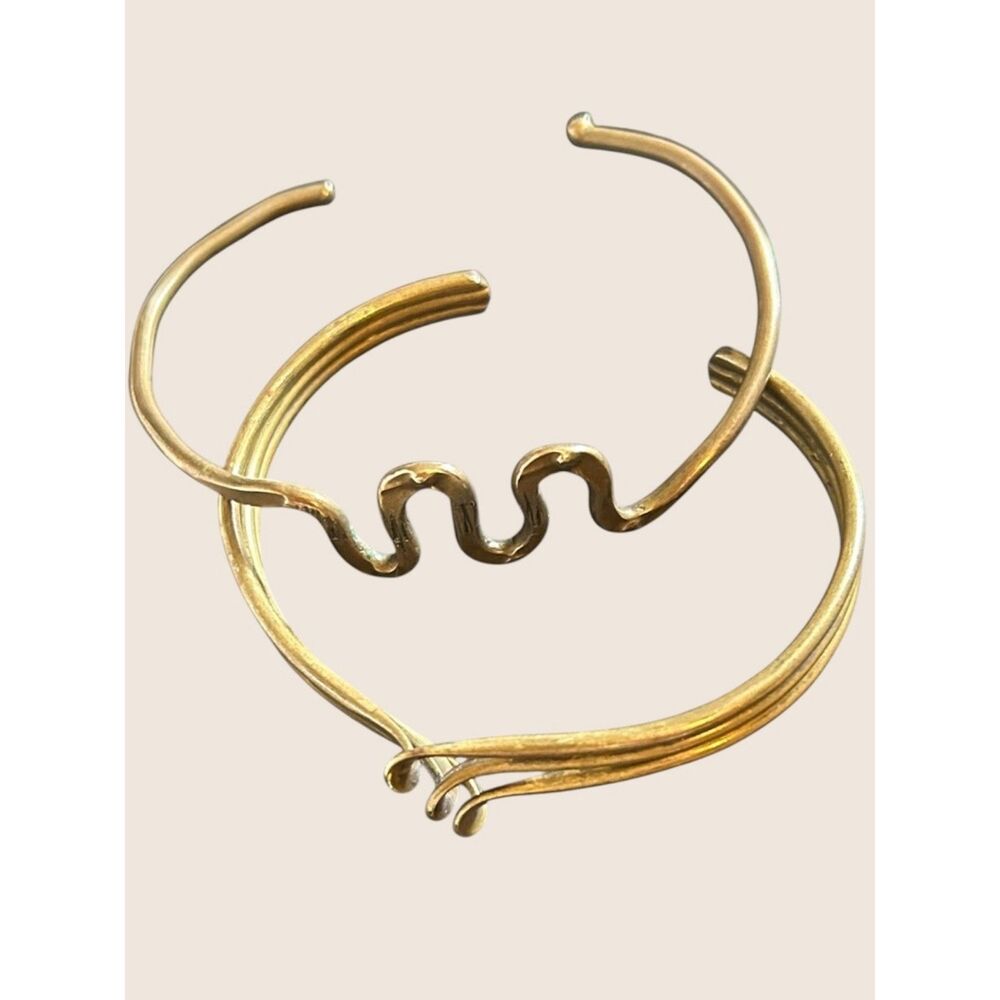 ⚡ VTG BRUTALIST MODERNIST SQUIGGLE WAVE BRASS WIRE CUFF BRACELET BUNDLE LOT